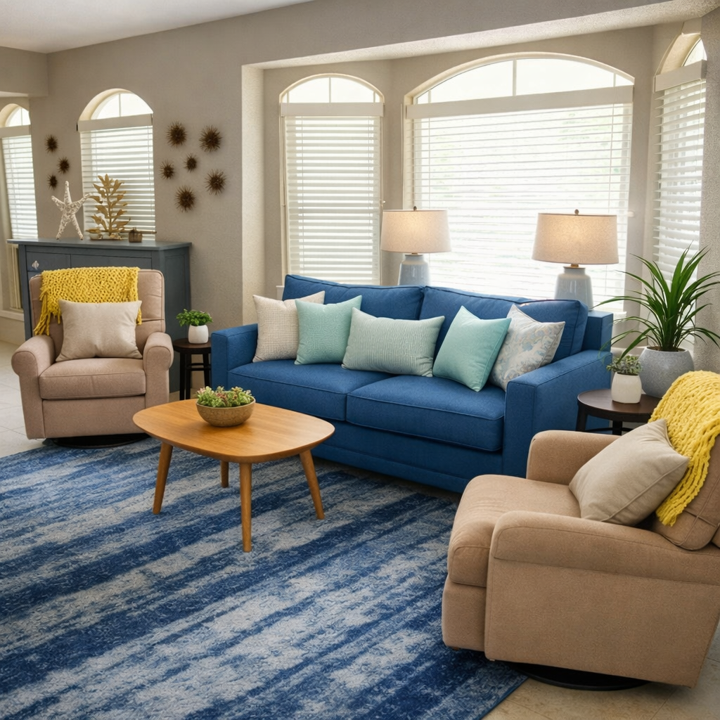 Bright living room with blue sofa and coastal decor